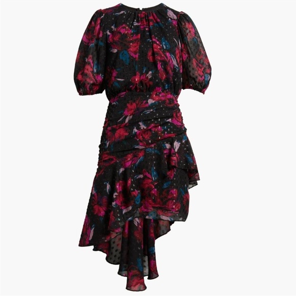 Chelsea28 Metallic Clip Dot Asymmetric Dress Black Tia Floral Pink Teal size XL - Picture 3 of 10